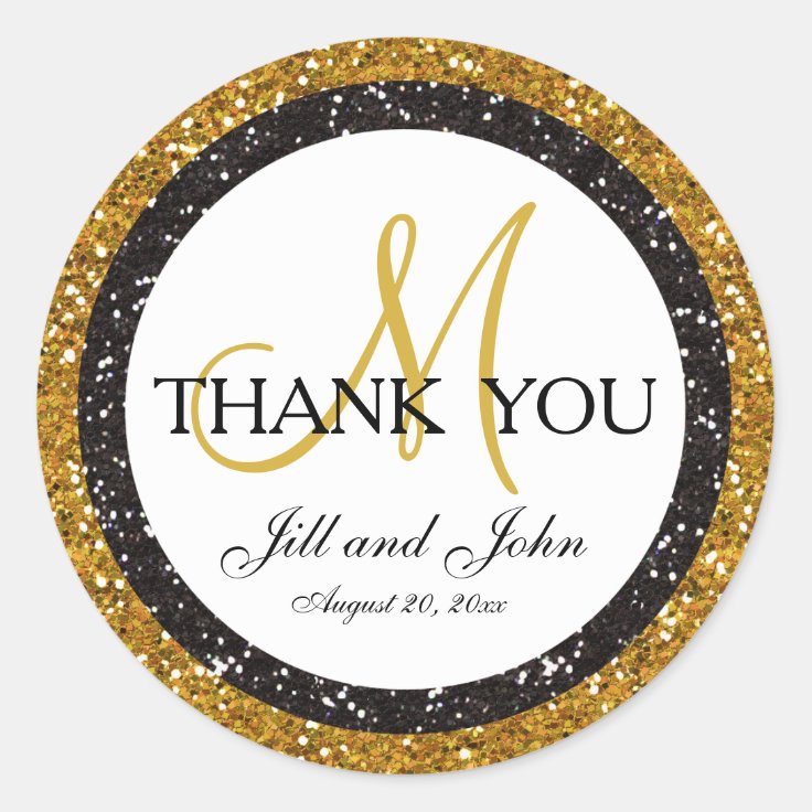 Glitter Gold Black Thank You Wedding Favor Sticker | Zazzle