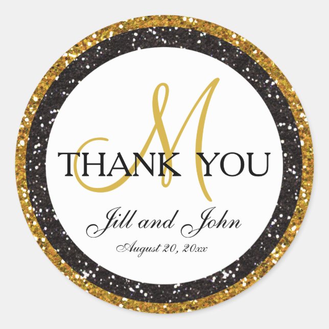 Glitter Gold Black Thank You Wedding Favor Sticker (Front)