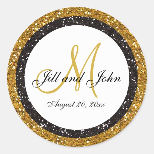 Glitter Gold Black Wedding Monogram Seals Sticker Zazzle