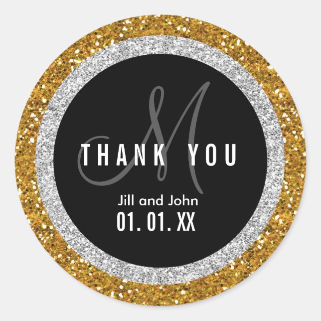 Glitter Gold Black Wedding Thank You Favor Sticker (Front)