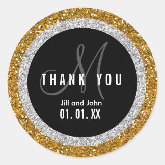 Glitter Gold Black Wedding Thank You Favor Sticker