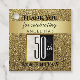 Glitter Gold Black & White 50th Birthday Thank You Favor Tags