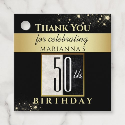 Glitter Gold Black  White 50th Birthday Thank You Favor Tags