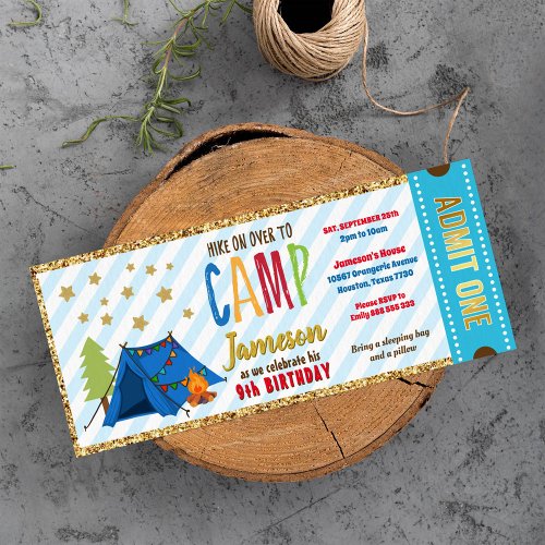 Glitter Gold Blue Glamping Ticket Pass Birthday Invitation