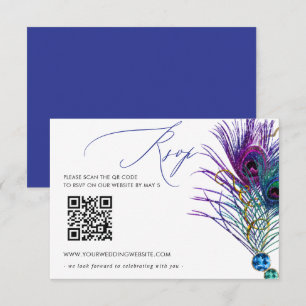 Glitter Gold Blue Purple Peacock Plume QR CODE RSVP Card