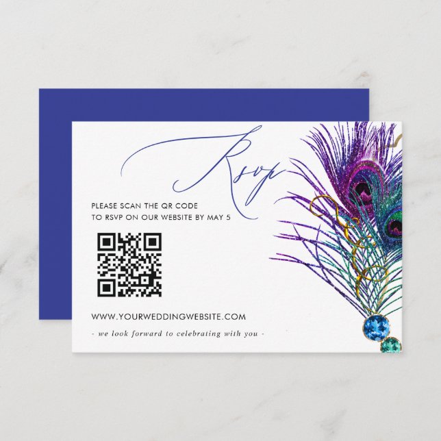Glitter Gold Blue Purple Peacock Plume QR CODE RSVP Card (Front/Back)
