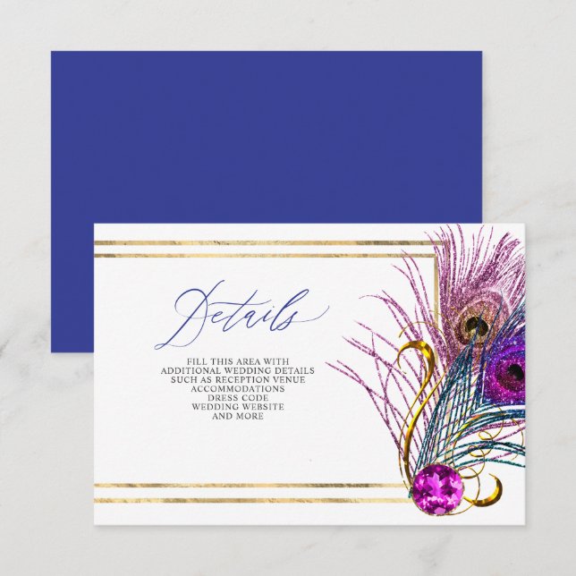 Glitter Gold Blue Purple Peacock Plume Wedding Enclosure Card (Front/Back)