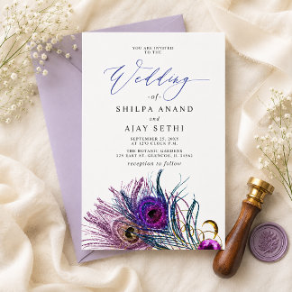 Glitter Gold Blue Purple Peacock Plume Wedding Invitation