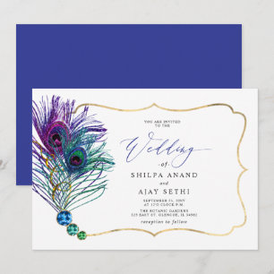 Glitter Gold Blue Purple Peacock Plume Wedding Invitation
