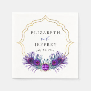 Glitter Gold Blue Purple Peacock Plume Wedding Napkins