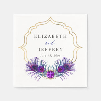 Glitter Gold Blue Purple Peacock Plume Wedding Napkins
