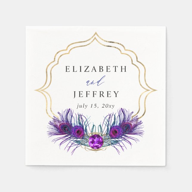 Glitter Gold Blue Purple Peacock Plume Wedding Napkins (Front)