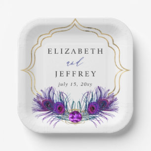 Glitter Gold Blue Purple Peacock Plume Wedding Paper Plates