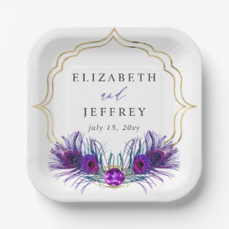 Glitter Gold Blue Purple Peacock Plume Wedding Paper Plates