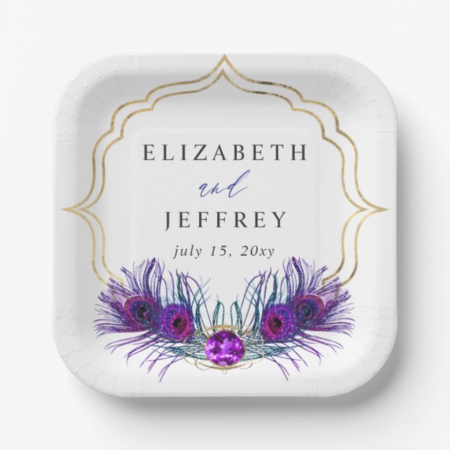 Glitter Gold Blue Purple Peacock Plume Wedding Paper Plates (Front)