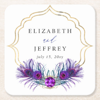 Glitter Gold Blue Purple Peacock Plume Wedding Square Paper Coaster