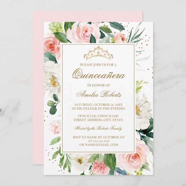 Glitter Gold Blush Floral Quinceanera Birthday I Invitation (Front/Back)