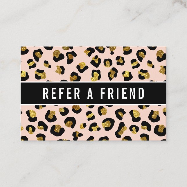 Glitter gold Blush leopard Referral Customer Business Card (Front)