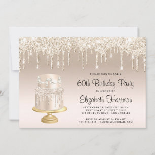 Glitter Gold Cake 60th Birthday Party Invitation