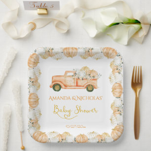 Glitter Gold Cute Pumpkins Truck Baby Shower Paper Plates