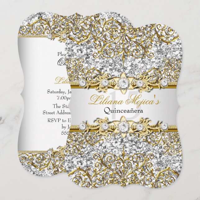 Glitter Gold Damask Quinceanera Invite (Front/Back)