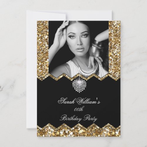 Glitter Gold Diamond Heart Photo Any Birthday Invitation