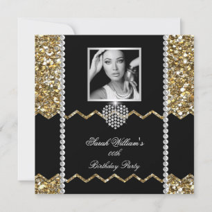 Glitter Gold Diamond Heart Photo Birthday Party Invitation