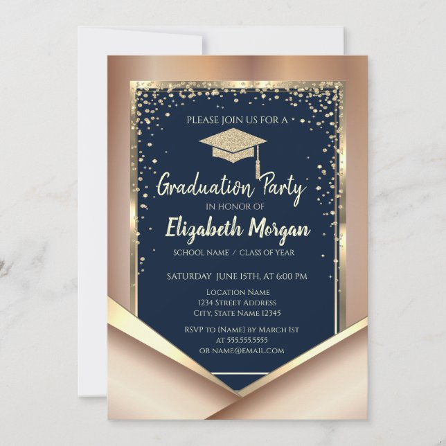 Glitter Gold Diamonds Navy Blue Graduation  Invitation (Front)