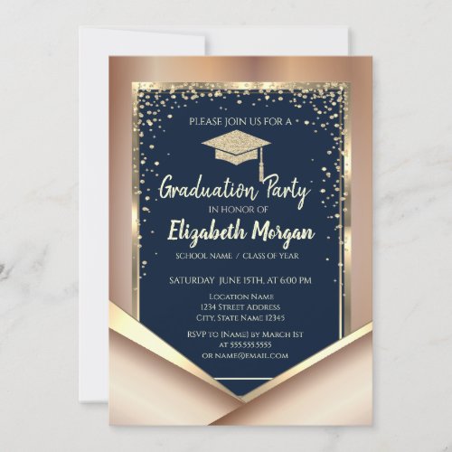 Glitter Gold Diamonds Navy Blue Graduation  Invitation