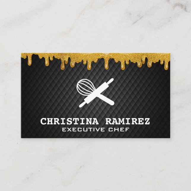 Glitter Gold Drip | Whisk and Rolling Pin Business Card (Front)