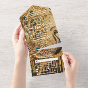 Glitter Gold Dripping Elegant Peacock All In One Invitation