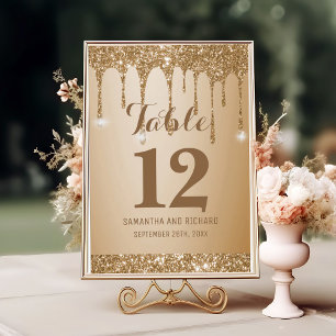 Glitter Gold Drips Champagne Beige  Table Number