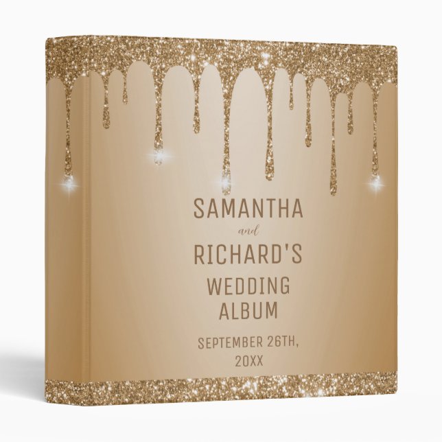 Glitter Gold Drips Champagne Beige Wedding Album 3 Ring Binder (Front/Spine)