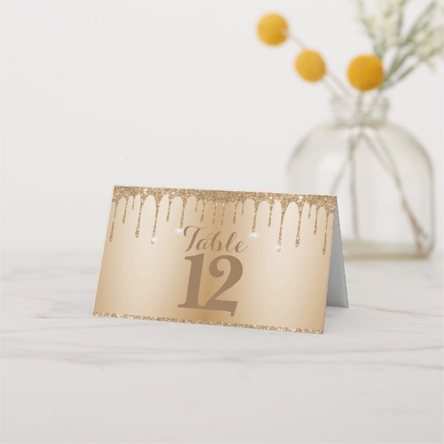 Glitter Gold Drips Champagne Beige Wedding Place Card (Front)