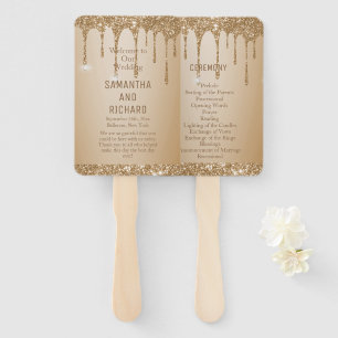 Glitter Gold Drips Champagne Beige Wedding Program Hand Fan