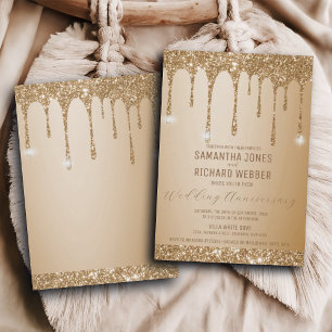 Glitter Gold Drips Champagne Wedding Anniversary Invitation