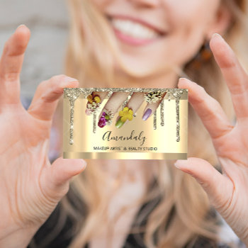 Glitter Gold Drips Nail Manicure Floral Business Card by luxury_luxury at Zazzle