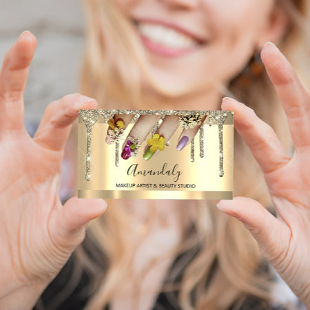 Glitter Gold Drips Nail Manicure Floral Business Card