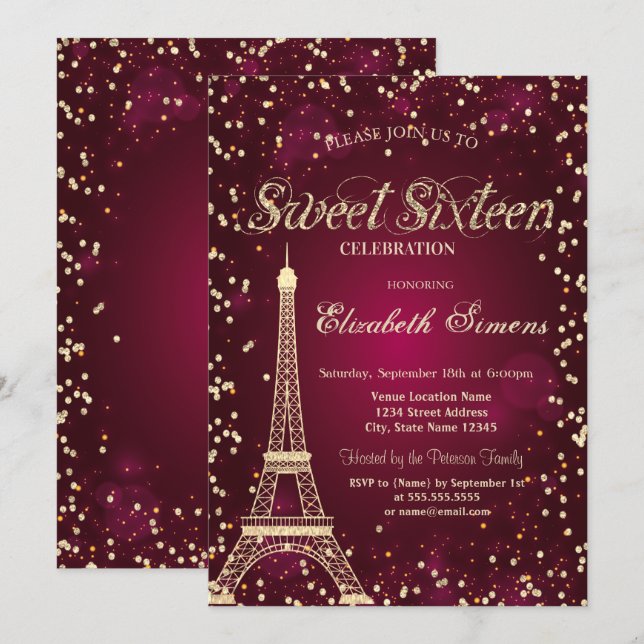 Glitter Gold Eiffel Tower Diamonds Red Sweet 16 Invitation (Front/Back)