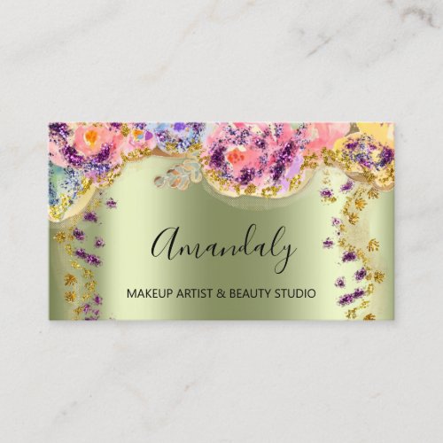 Glitter Gold Event Planner Fashion Green Roses Business Card