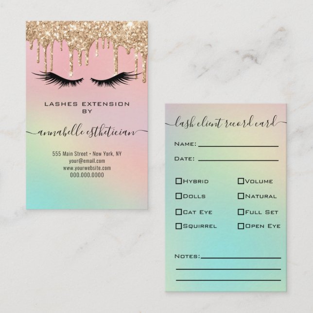 Glitter Gold  Eyelash Extension Client Record Business Card (Front/Back)