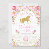 Glitter Gold Floral Horse Birthday Invitation Girl (Front)
