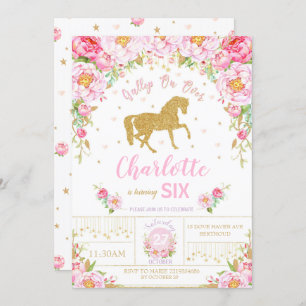 Glitter Gold Floral Horse Birthday Invitation Girl