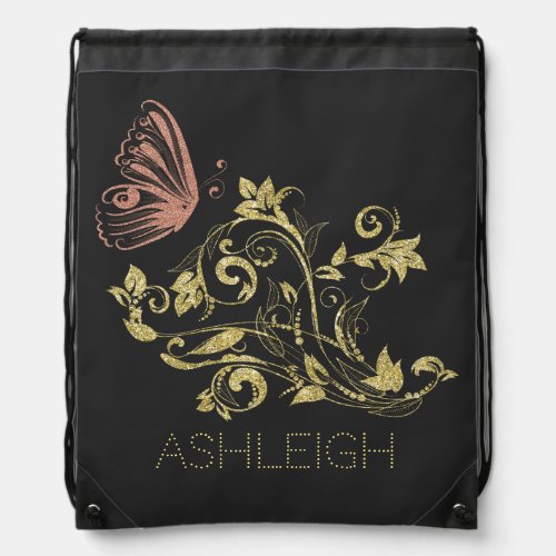 Glitter Gold Flourish Butterfly Personalized Drawstring Bag