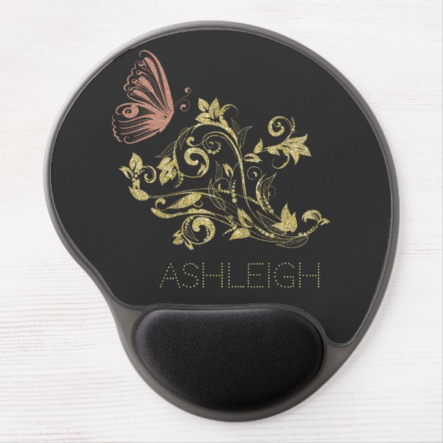 Glitter Gold Flourish Butterfly Personalized Gel Mouse Pad (Front)