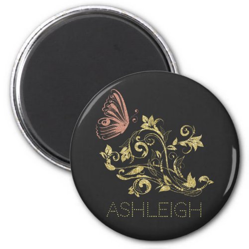 Glitter Gold Flourish Butterfly Personalized Magnet