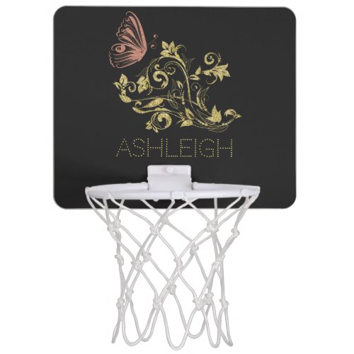 Glitter Gold Flourish Butterfly Personalized Mini Basketball Hoop