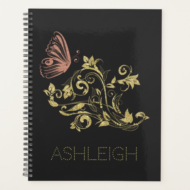 Glitter Gold Flourish Butterfly Personalized Planner (Front)
