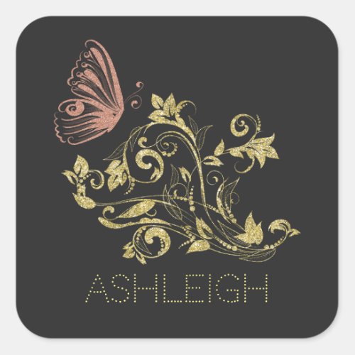 Glitter Gold Flourish Butterfly Personalized Square Sticker