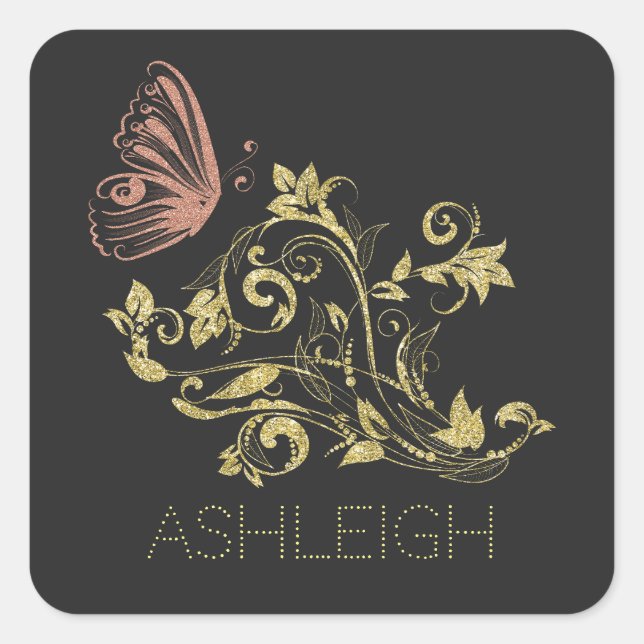 Glitter Gold Flourish Butterfly Personalized Square Sticker (Front)